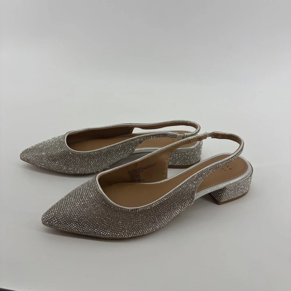 A New Day Womens 8 Silver Slingback Heels Rhinestone Pointed Toe Block Heel
